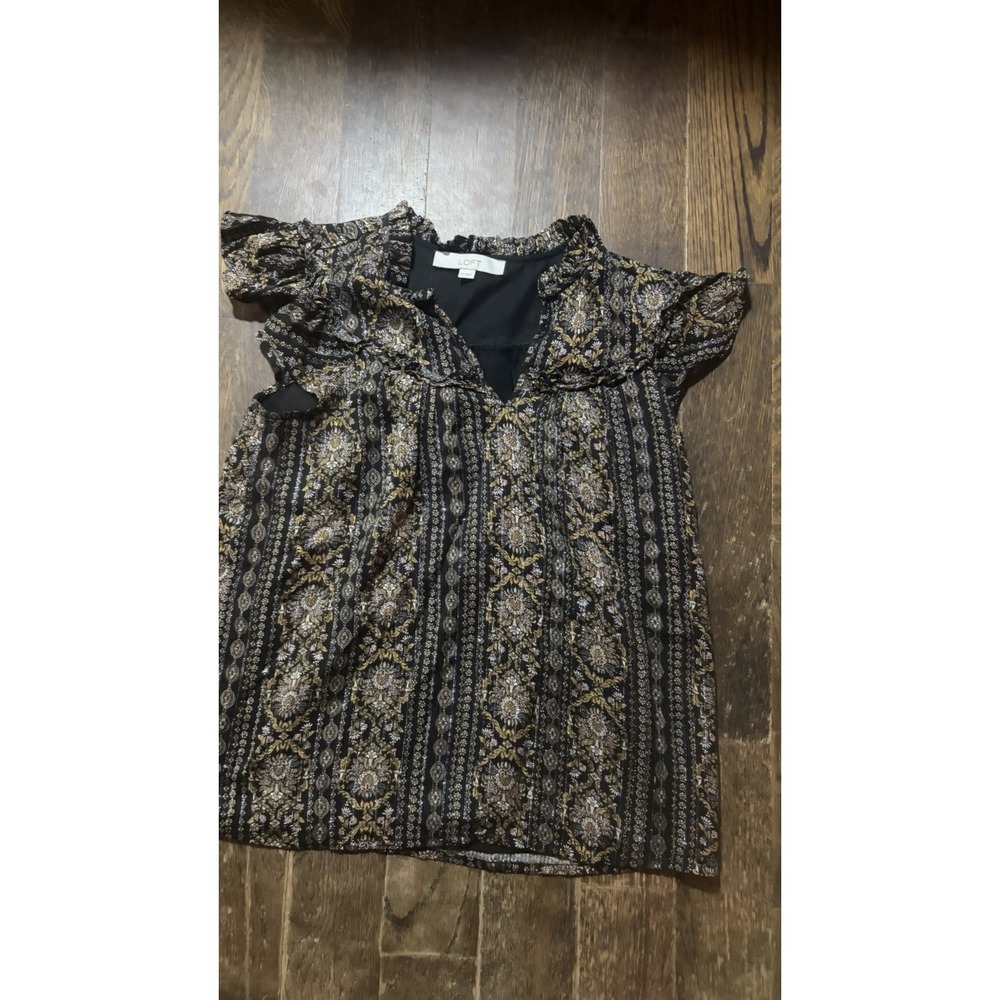 LOFT Shimmer Stripe Floral Ruffle Flutter Cap Sleeve Top Black Multi Size XS